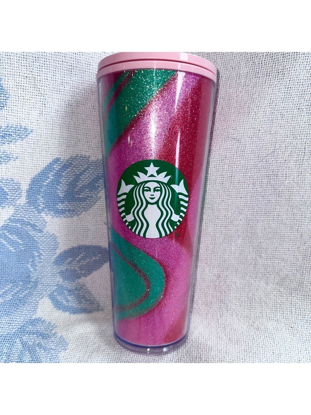 Starbucks Christmas Pink Red Green Glitter Wavy Swirl Cold Cup Tumbler 24oz